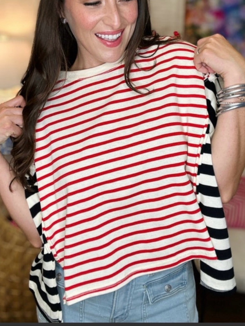 Black / Red Multi Striped Color Block Over Sized Cropped Top